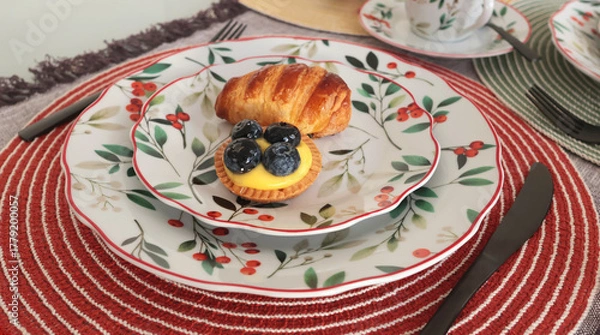 Obraz Table setting with bright tableware, berries, and twigs. Dessert on plate. Aesthetics and lifestyle. Home design. 