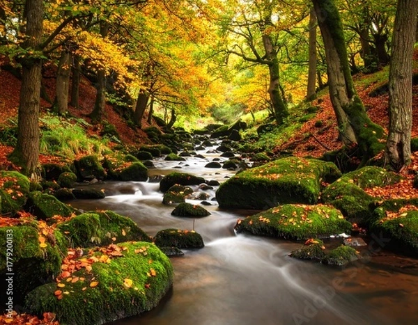 Fototapeta Autumnal forest stream flowing through mossy rocks