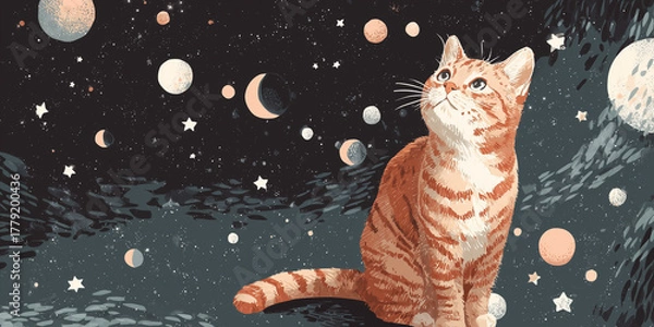 Fototapeta Orange cat gazing at stars and planets in a dreamy cosmic night sky illustration