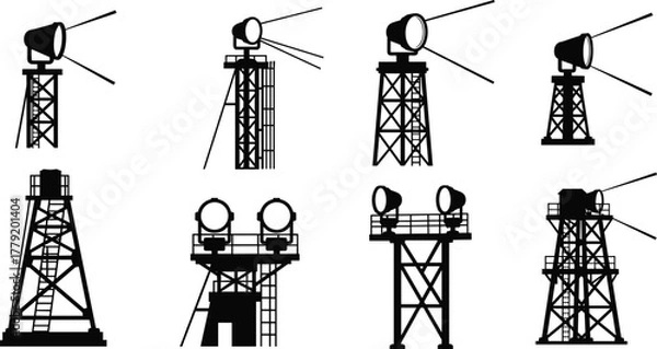 Fototapeta Silhouettes of searchlight towers, vector illustration of outdoor lighting structures for military, aviation, maritime, and surveillance applications