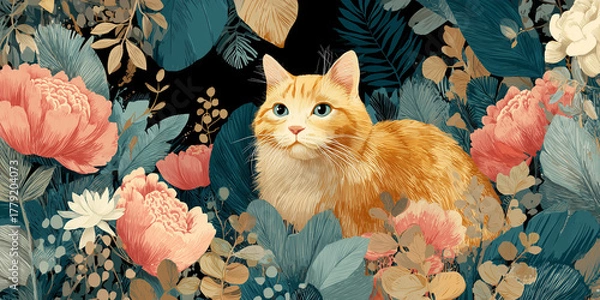 Obraz Orange cat surrounded by vibrant peonies and lush green leaves in a detailed floral illustration