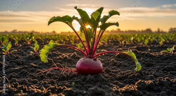 Fototapeta Vibrant Beetroots Growing in a Fertile Field Under a Golden Sunset Glow