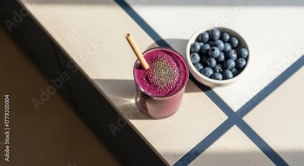 Obraz Vibrant Blueberry Smoothie With Chia Seeds And Fresh Berries On A Sunny Table