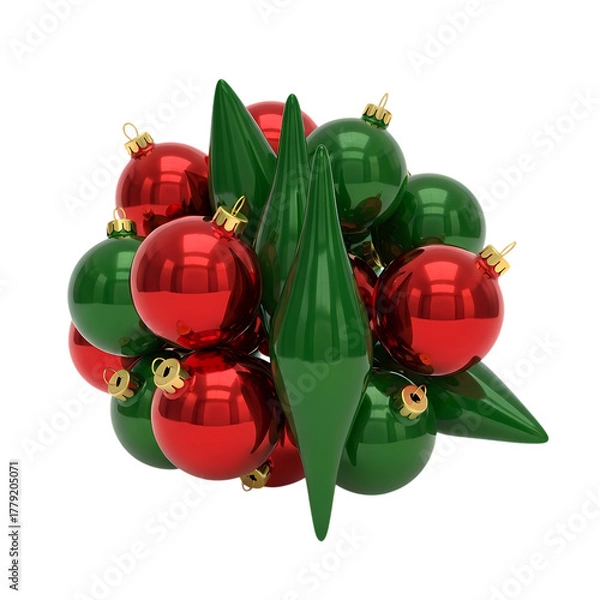 Fototapeta Shiny red and green Christmas ornaments cascade together beautifully