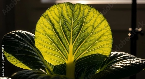 Obraz Vibrant Bok Choy Leaf Lit by Sunlight with Intricate Veins and Texture
