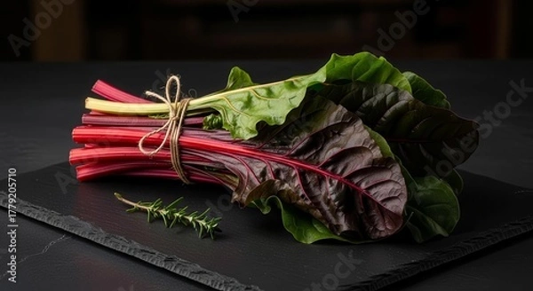 Fototapeta Vibrant Bundle Of Vivid Red Swiss Chard and Fresh Green Leaves On Dark Surface