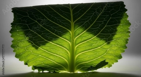 Fototapeta Vibrant Cabbage Leaf Illuminated Showing Vein Structure and Natural Details