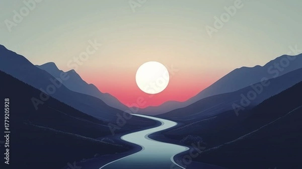Fototapeta Minimalist Digital Art Landscape Featuring a Winding River Through Mountain Silhouettes at Sunset