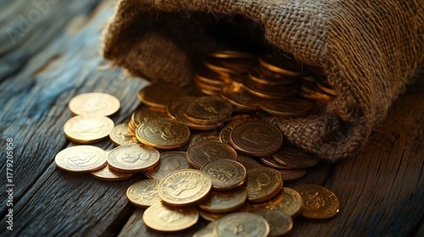 Obraz listening Gold Coins Spilling Out of a Burlap Sack onto a Rustic Wooden Table