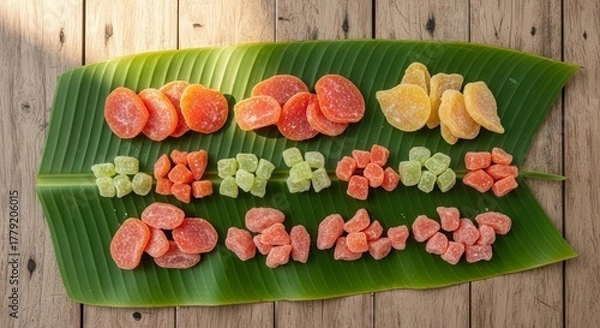 Obraz Vibrant Candied Fruits Arrayed on Tropical Leaf, Botanical and Culinary Delight