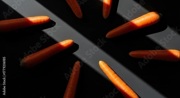 Fototapeta Vibrant Carrots Arranged Creatively on a Dramatic Black Surface in Sunlit Rays