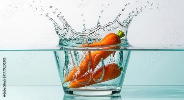 Fototapeta Vibrant Carrots Submerged In Water With Splashing, Freshness, and Healthy Vitamins