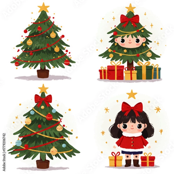 Fototapeta Festive illustrations showcasing decorated Christmas trees and a cheerful girl with presents.