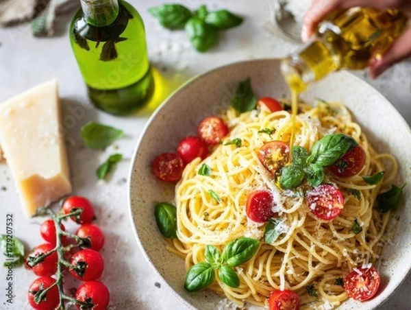 Fototapeta Delicious spaghetti with fresh tomatoes and basil, drizzled with olive oil