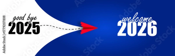Fototapeta Goodbye 2025, Welcome 2026 – Paper Airplane Flying from White to Blue Background with Red Tip – New Year Transition Concept for Motivation, Banners, Social Media & Presentations