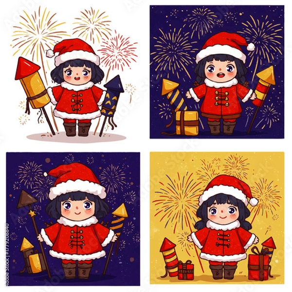 Fototapeta Four cartoon images show a girl in a Santa suit holding fireworks against festive firework backgrounds.