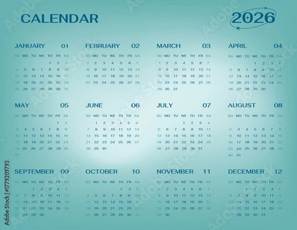 Fototapeta 2026 year english calendar template horizontal single page of 12 month in gradient Transformative Teal design.
