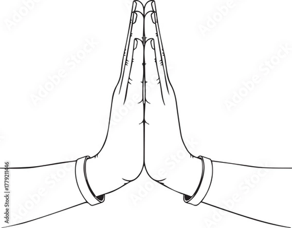 Fototapeta Single line art of namaste hands gesture isolated on transparent background.