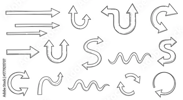 Fototapeta Collection of hand-drawn arrows in various shapes and directions, perfect for visual communication.