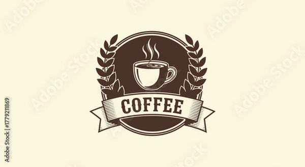 Fototapeta Vintage coffee shop logo with a steaming cup and laurel wreath emblem on a light background.