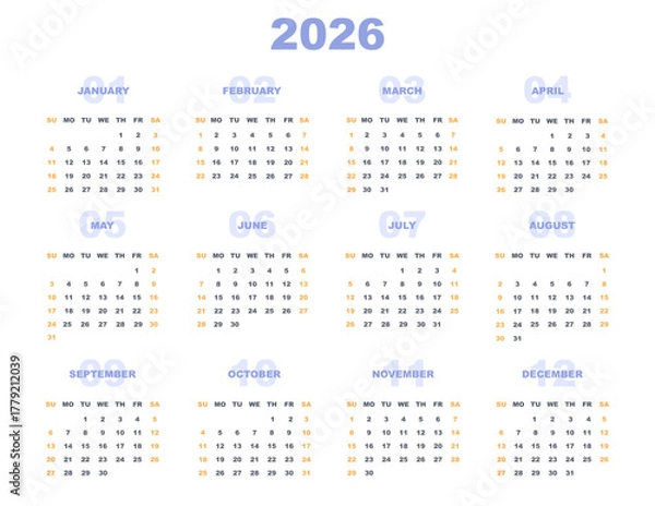 Fototapeta English 2026 Calendar Horizontal Template Letter Format modern design. Week start on Sunday. 