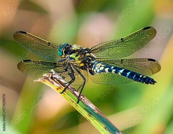 Obraz Vibrant dragonfly perched on a reed