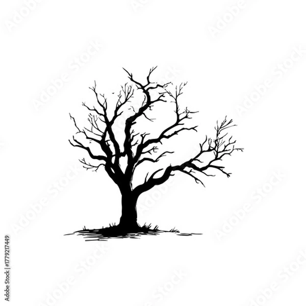 Fototapeta Black Silhouette of Old Twisted Tree - Minimalist Nature Art & Symbolic Illustration