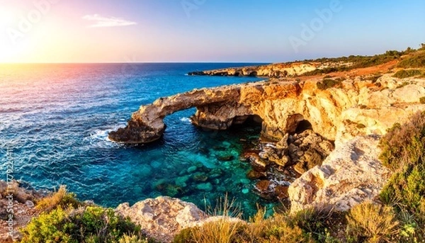 Fototapeta Dramatic coastal archway at sunset