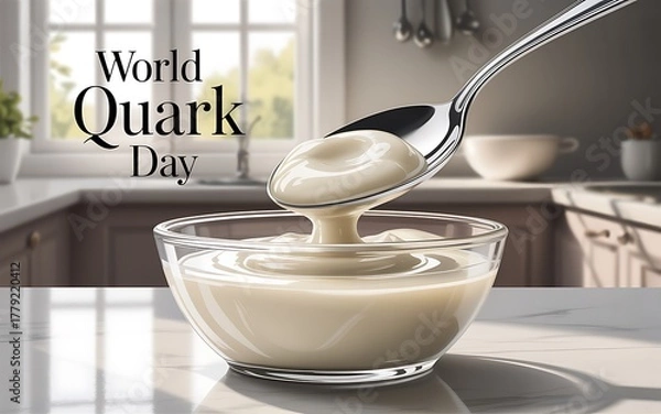 Fototapeta World quark day celebration with creamy quark being scooped into a glass bowl