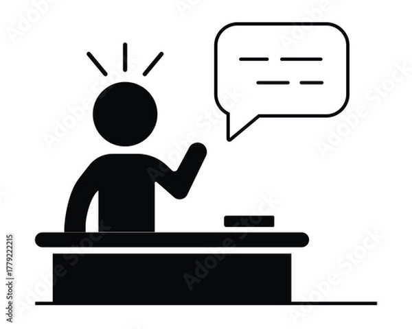 Obraz Speaker Presentation Icon Vector | Person Behind Desk with Speech Bubble and Idea Symbol for Discussion or Teaching Concept