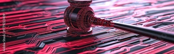 Obraz A digital justice concept featuring a gavel over a vibrant circuit board background, symbolizing the intersection of law and technology.