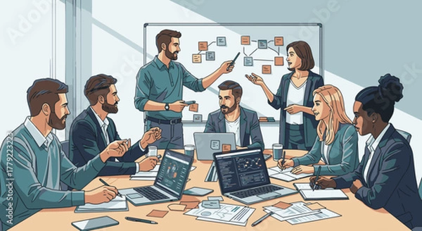 Fototapeta A diverse team of professionals collaborating in a modern office, discussing a project strategy presented on a whiteboard.