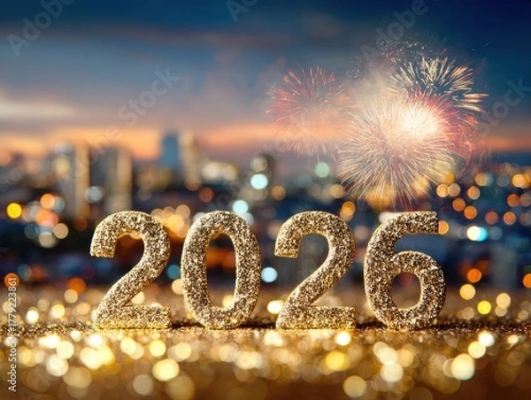 Fototapeta Sparkling 2026 numbers with fireworks over city skyline