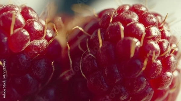 Fototapeta Macro view of fresh ripe red raspberries showcasing their intricate texture and vibrant color