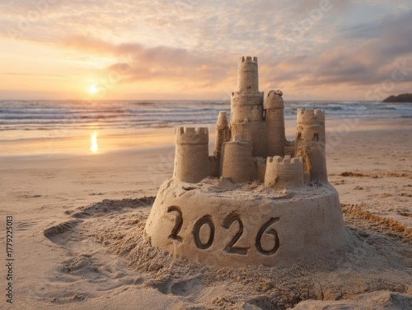 Fototapeta Sandcastle with 2026 inscription on a beach at sunset