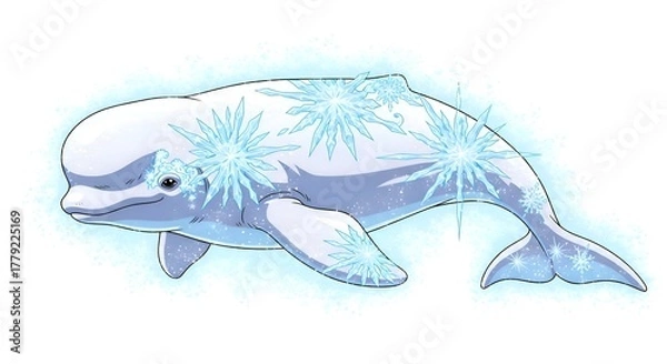 Fototapeta Beluga whale with glowing snowflake pattern illustration.