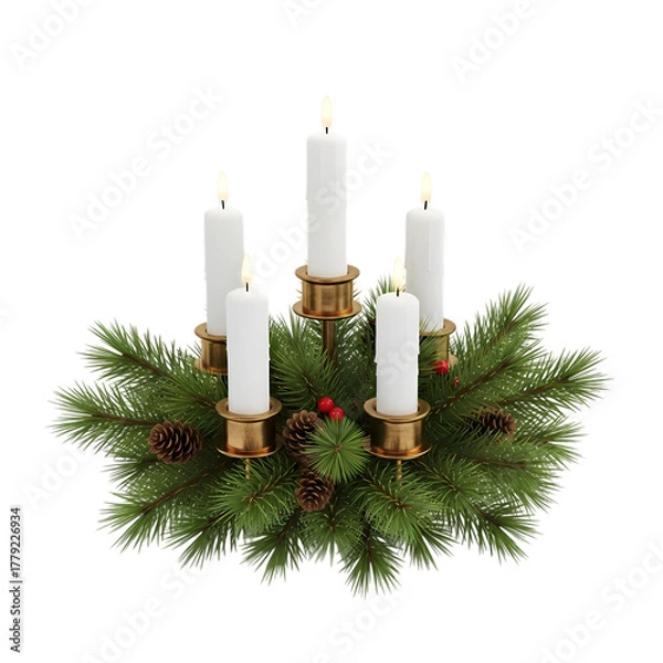 Obraz Warm Christmas advent wreath with five burning candles festive glow