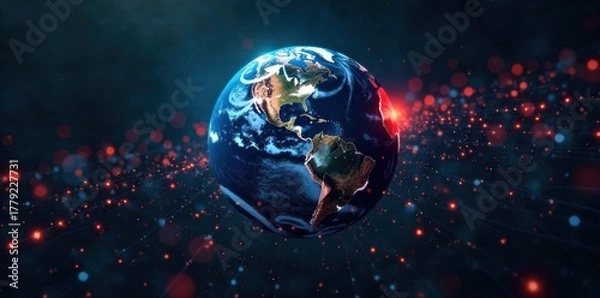 Fototapeta A dynamic visualization of global network connections depicted as glowing lines on a dark, ethereal sphere. A dark, ethereal representation of a sphere with glowing, vibrant lines crisscrossing its