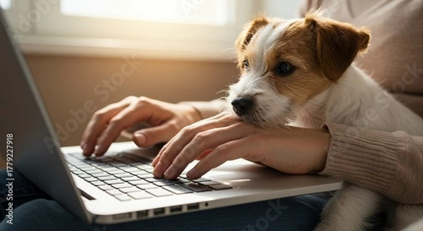 Obraz woman with cute puppy using laptop in cozy home setting during a sunny afternoon