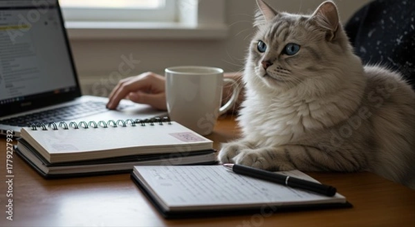 Obraz fluffy cat with blue eyes resting on desk while owner works on laptop and takes notes