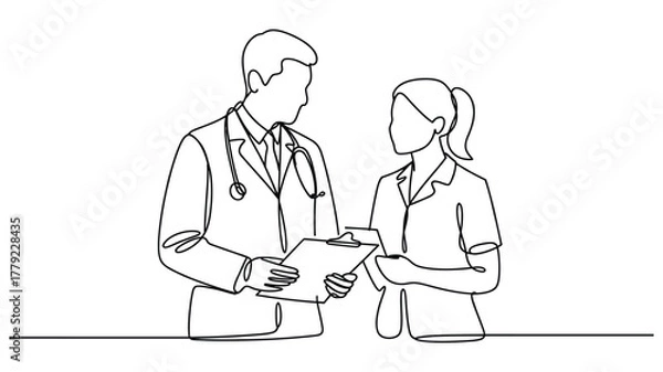 Fototapeta continuous line drawing of two medical professionals discussing patient care, teamwork in healthcare, modern minimalist illustration