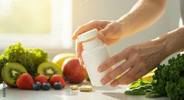 Obraz hands placing vitamin bottle on table with fresh fruits and vegetables in sunlight