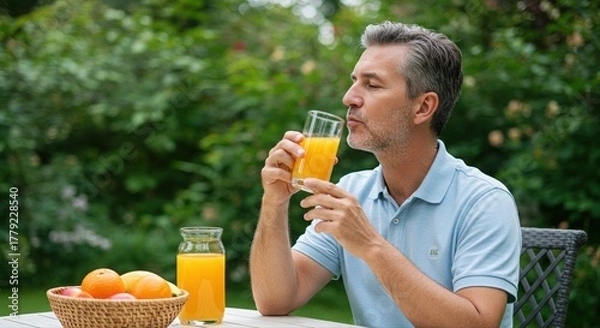 Obraz middle-aged man enjoying fresh orange juice in a garden setting on a sunny day