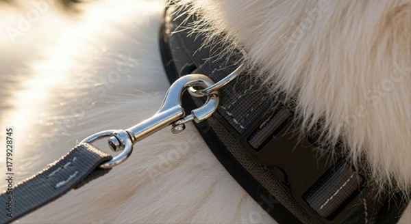 Obraz close up of dog collar with leash attachment in outdoor setting under sunlight