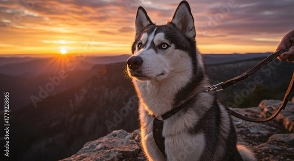 Obraz siberian husky on mountain peak during vibrant sunset with scenic landscape view