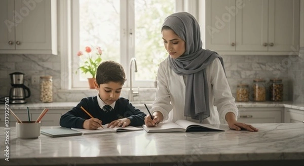 Obraz mother guiding young boy with homework in a cozy kitchen with natural light and marble counter