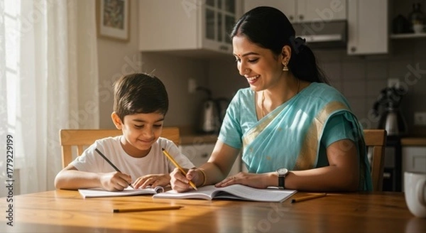 Obraz smiling mother assisting young son with homework at kitchen table in warm morning light