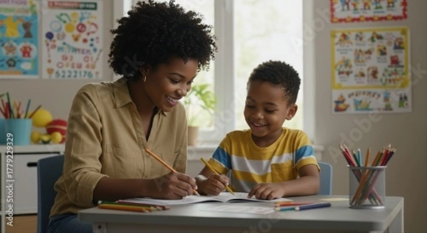 Obraz smiling african american woman teaching young boy writing skills in classroom setting