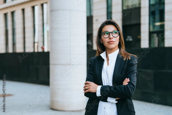 Fototapeta The woman exudes confidence and competence, her business stance accentuated by the urban backdrop, echoing themes of professional success.