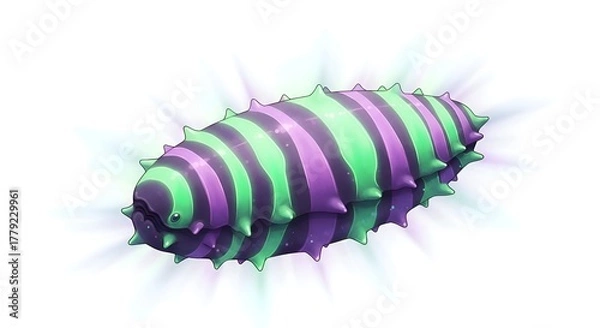 Fototapeta Striped Cartoon Caterpillar Bursting Through White Background.